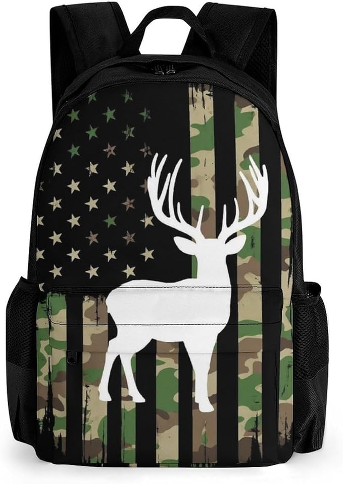 Lightweight Rucksack for Sports Travel Running, Big Capacity Multipurpose Anti-Theft Bookbag, Hunting Deer Camo Camouflage American Flag Black Travel and Sport Backpack Rucksack