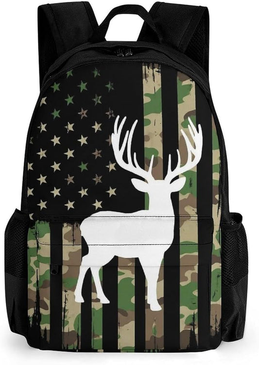 Lightweight Rucksack for Sports Travel Running, Big Capacity Multipurpose Anti-Theft Bookbag, Hunting Deer Camo Camouflage American Flag Black Travel and Sport Backpack Rucksack