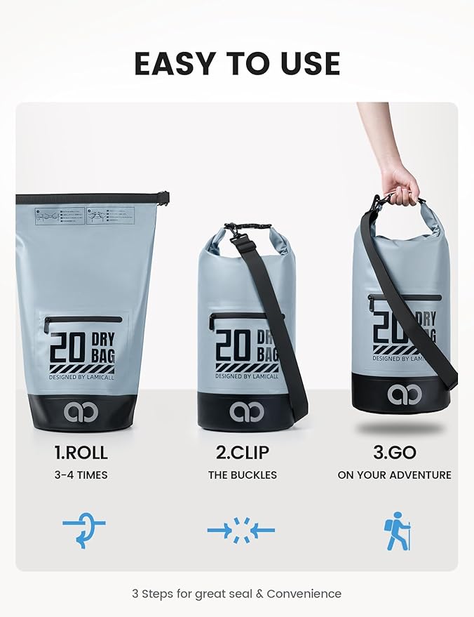 Lamicall Waterproof Dry Bag with Phone Pouch, Floating Roll Top Backpack, 10L, Grey