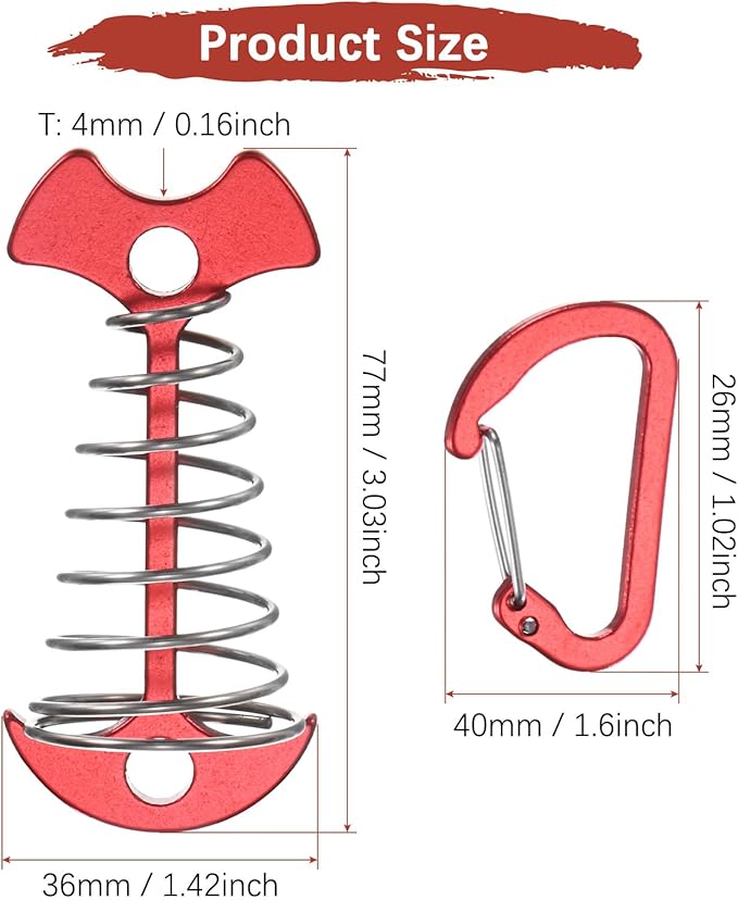 Fishbone Deck Anchor Pegs with Buckles [10PCS] - Aluminium Tent Stakes with Spring Buckle Use for Camping & Hiking - [Red] Windproof Tie Down Tent Stakes