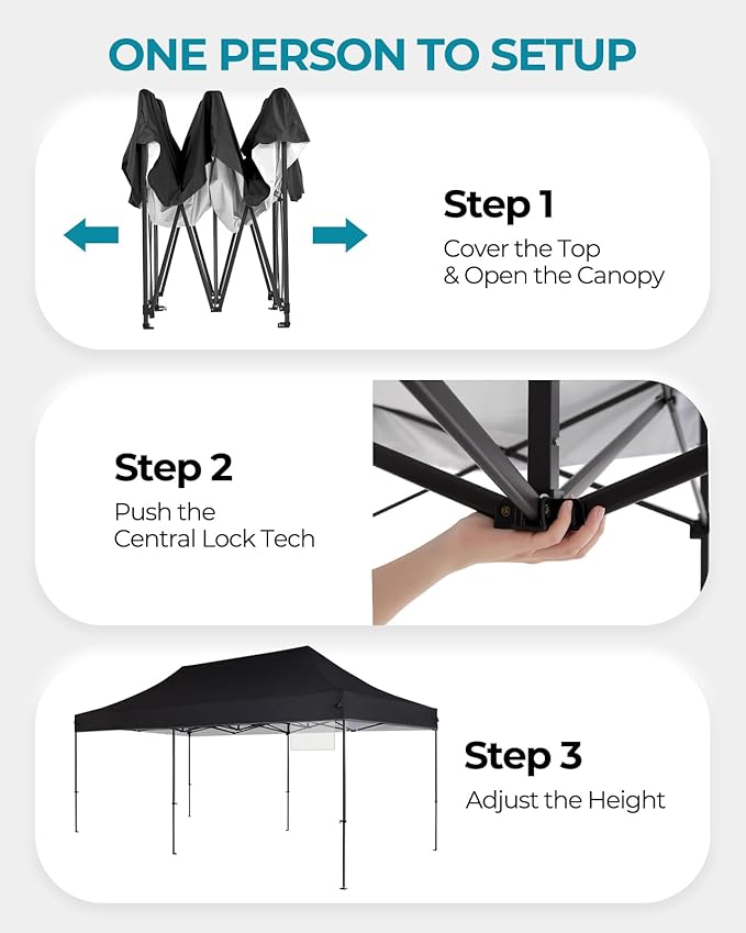 10x20 Pop Up Canopy Tent with Roller Bag, Easy Set Up, Waterproof Commercial Shelter, 6 Stakes & 6Sandbags & 6 Ropes, Silver Coated Top, Black