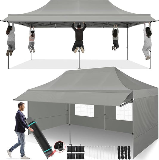 COBIZI 10x20 Pop Up Canopy Tent with Awning,Heavy Duty Canopy UPF 50+ All Season Wind Waterproof Commercial Outdoor Street Vendors Party Tents for Parties Canopy with Roller Bag(10 x 20 ft Gray)