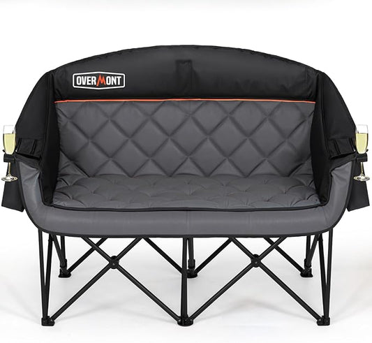 Overmont Oversized Double Camping Chair - 2 Person Comfort Couch Chair Loveseat for Adults - Heavy Duty Lawn Chairs with Cooling Bag&Wine Racks - Support 850LBS Black