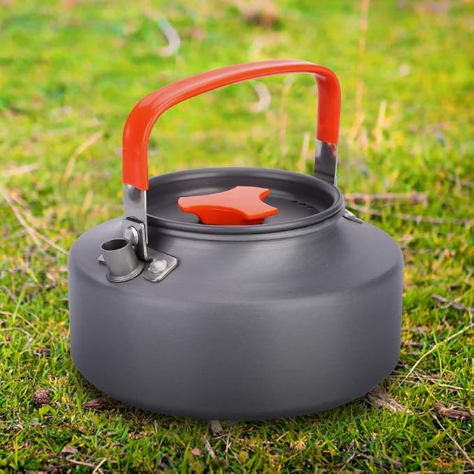 Aluminum Teapot 37oz, Coffee and Tea Kettle with Folding Handle, Portable Pot for Camping, Hiking and Kitchen Use, Black Handle (Orange handle)