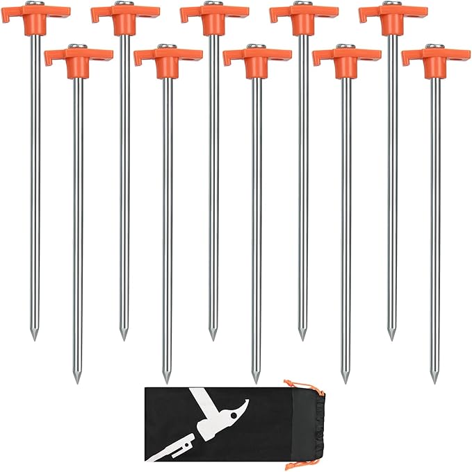 10 Pack 10in Heavy Duty Tent Stakes, Non-Rust Metal Camping Stakes, with Storage Pouch, for Tent, Tarp, Canopy, Picnic, Shade