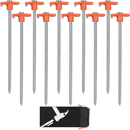 10 Pack 10in Heavy Duty Tent Stakes, Non-Rust Metal Camping Stakes, with Storage Pouch, for Tent, Tarp, Canopy, Picnic, Shade