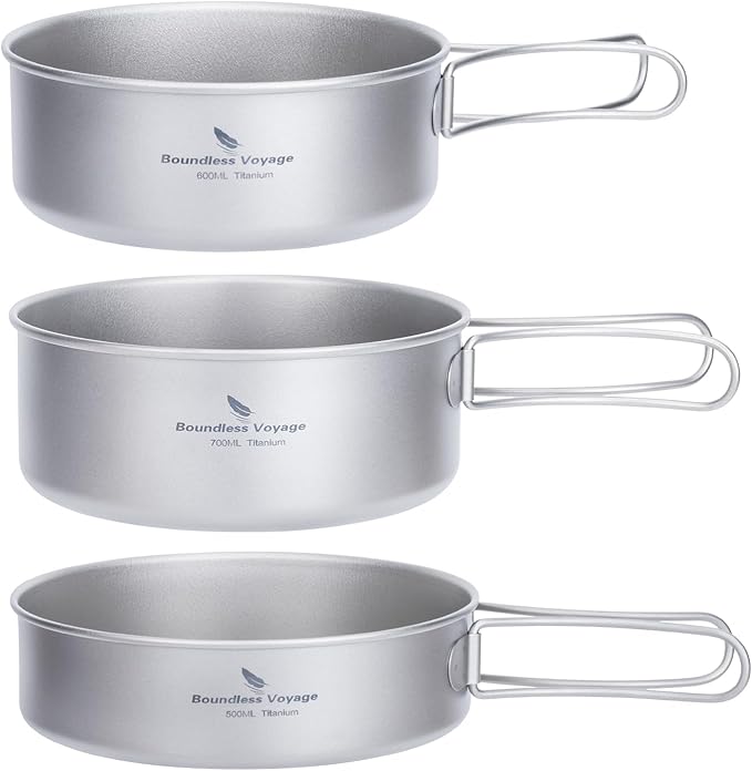 Boundless Voyage Titanium Pots Pans Set Camping Cookware 500ml 600ml 700ml Bowls Outdoor Portable Lightweight Stackable Cooking Kit with Folding Handle 3 Pieces Set Tableware for 1-3 Person Ti2032C