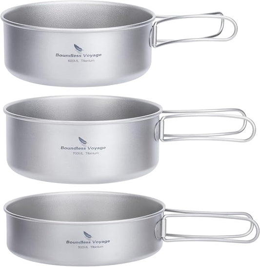 Boundless Voyage Titanium Pots Pans Set Camping Cookware 500ml 600ml 700ml Bowls Outdoor Portable Lightweight Stackable Cooking Kit with Folding Handle 3 Pieces Set Tableware for 1-3 Person Ti2032C