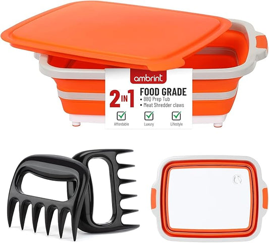 Medium 8L BBQ Prep Tub with Lid & 2 pcs Meat Shredder Claws, Collapsible Cutting Board for Brisket, BBQ Tray for Meal Prep marinating, Versatile Kitchen Container for Meat & Food storage