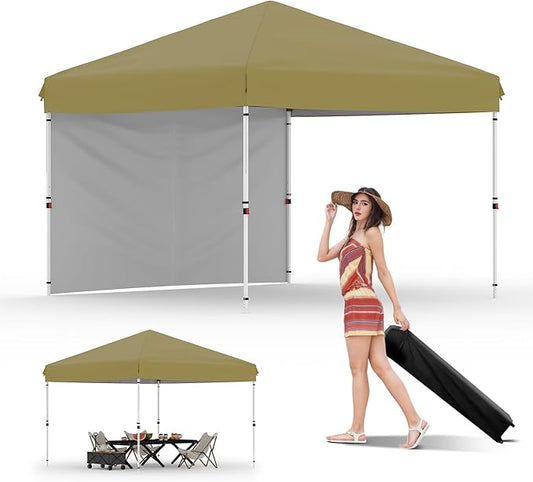 10x10 Pop Up Canopy Tent Outdoor Canopy with 1 Removable Sidewall One-Person Set Up Heavy Duty Commercial Instant Tent Shelter-Khaki
