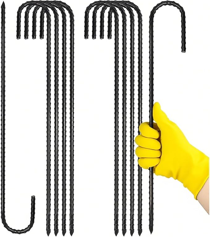 12-Inch Heavy Duty Ground Stakes, Metal J-Shape Anchors, 5/16-Inch Diameter, 4-Pack, Black (J-Shape-Black, J-12 * 5/16"-10PACK)