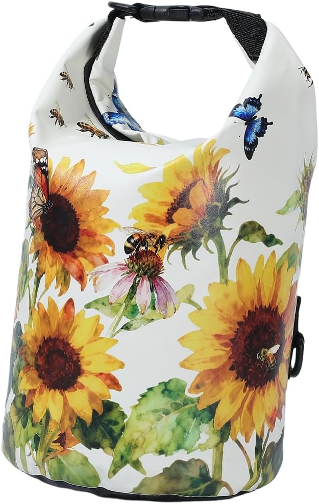 Floating Waterproof Dry Bag Backpack 5L Lightweight Sunflower Butterfly Pattern PVC Roll Top Dry Sack for Kayaking Boating Camping Fishing Swimming Beach Rafting Hiking Outdoor Activities