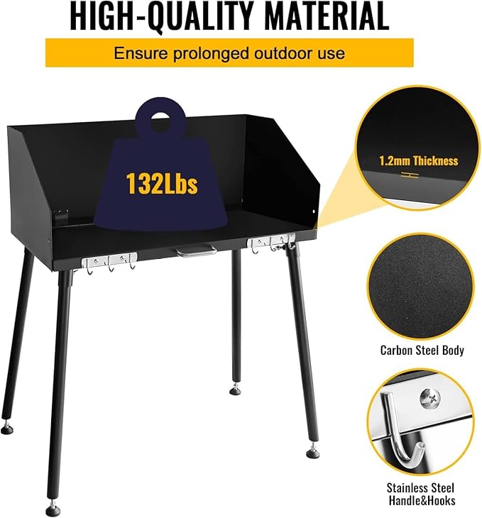 Carbon Steel Dutch Oven Camp Cooking Table with Three-Sided Windscreen and Four Legs for Grill Travel, Outdoor Picnic, Beach, BBQ, Backyards,30x16