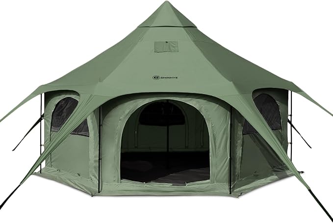 ShinHye 16.4ft Bell Tent for Glamping & Camping – Waterproof Canvas with Stove Jack, Removable Floor & 8 Mesh Windows (Fits 6-8 People)