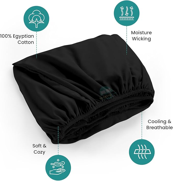 Queen Fitted Sheet 60 x 80 Inches 10" Deep Pocket 100% Egyptian Cotton 600 Thread Count Snug Fit for Trifold Mattress, Narrow Twin, Camp Bunk, Guest Bed, Army Cot Soft & Breathable – Black