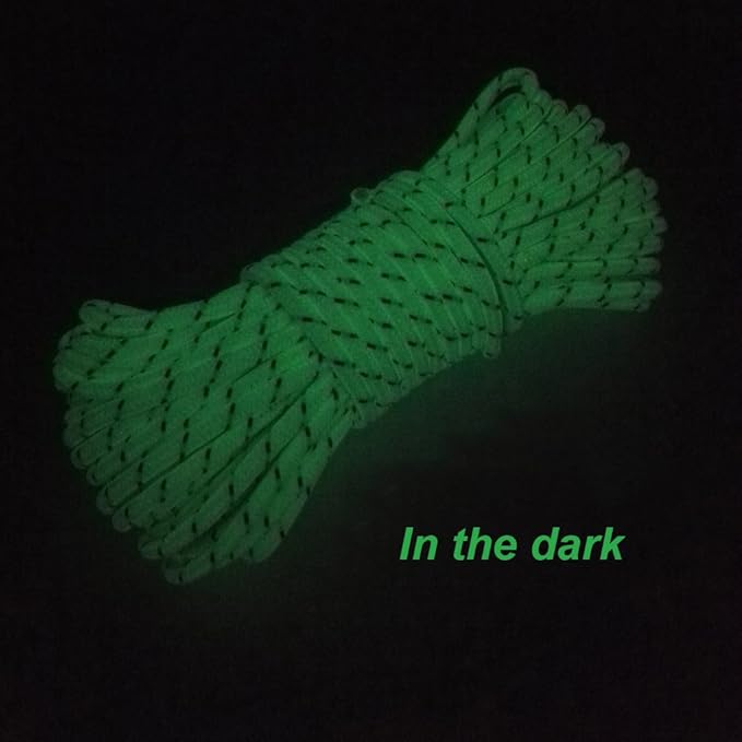 LILUO Glow in The Dark Luminous Reflective Guyline - 5mm 65.6ft/20m Highly Reflective Tent Rope with 10 Aluminum Adjusters/Tensioners