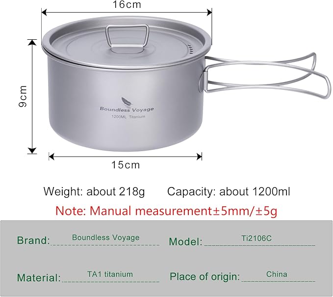 iBasingo 1.2L Titanium Soup Pot with Lid Camping Cookware with Foldable Handle Portable Lightweight Outdoor Kitchen Cooking Kit Backpacking Hiking Picnic Fishing Mountaineering Ti2106C (1 pc)