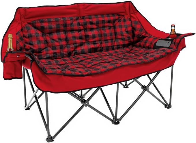 QUYUAN Double Camping Chair for Adult, Heavy Duty Folding Chair for 800lbs, Comfortable Lawn Chairs with Fully Padded, Camp Chairs for Outdoor Sports, Fishing, Concerts, Beach, Red Camping Loveseat