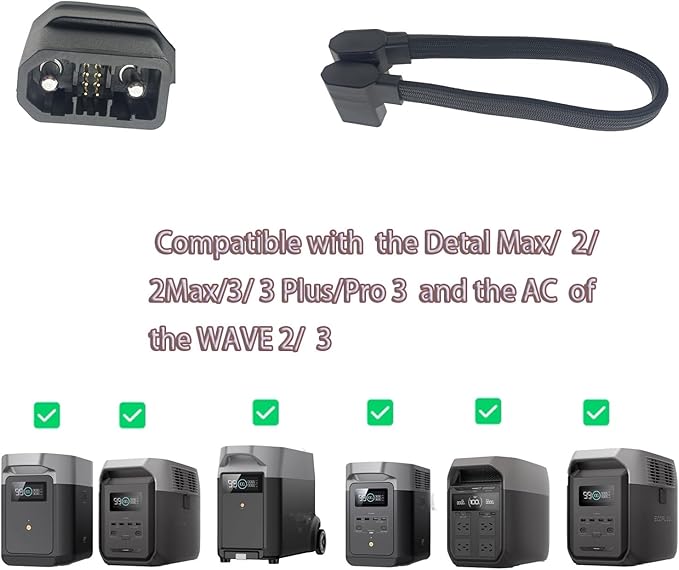 Extra Battery Connection Cable Compatible with Delta 2, 2 Max, 3 Plus, Wave 2, Wave 3, Gray Braided Power Third-Party Accessory，Pro 3 Not Compatible