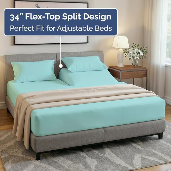 Flex Top Split Head King 4 Piece Sheet Set - Comfy Breathable & Cooling Bed Sheets Set - Hotel Luxury Bedding for Women, Men, Kids, Teens, Boys & Girls - Deep Pockets, Ultra-Soft - Oeko-Tex - Spa Blue