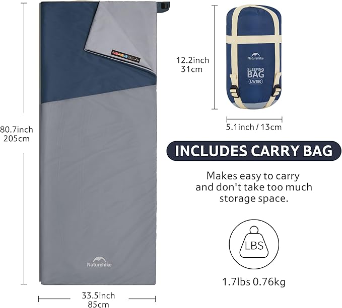 Naturehike Lightweight Compact Sleeping Bag, 59℉/32℉ Envelope Ultralight Backpacking Sleeping Bag Portable, Waterproof with Compression Sack for Cold&Warm, Camping, Traveling, Hiking