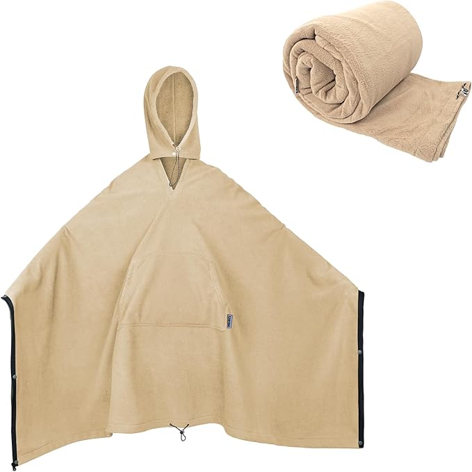 Outdoor Camping Blanket, Poncho Wearable Pocket Blankets, 74.5 in * 63 in, Warm, Comfy, Durable & Portable, Machine Washable, for Stadium, Concerts, Car Travel, Sports, Hiking, Sofa. (Khaki)