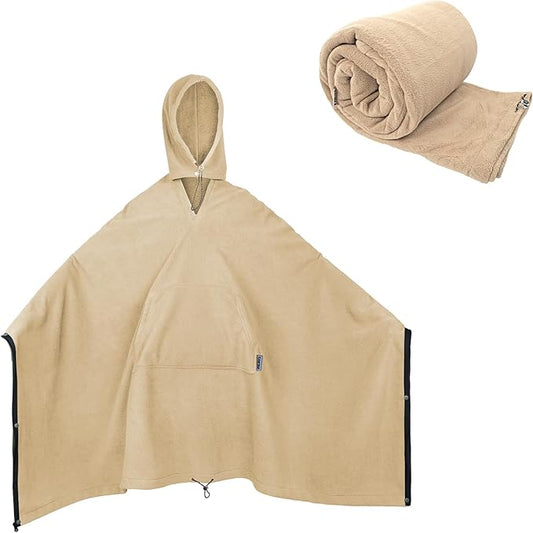 Outdoor Camping Blanket, Poncho Wearable Pocket Blankets, 74.5 in * 63 in, Warm, Comfy, Durable & Portable, Machine Washable, for Stadium, Concerts, Car Travel, Sports, Hiking, Sofa. (Khaki)