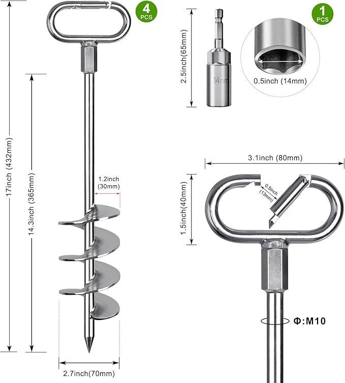 SELEWARE 17" Ground Anchors Screw in, 4 Pack Swing Set Ground Anchor Kit, High Wind Trampoline Stakes, Heavy Duty Wider Spiral Earth Anchor for Mobile Home, Tree, Tent, Shed, Carport, Securing Animals
