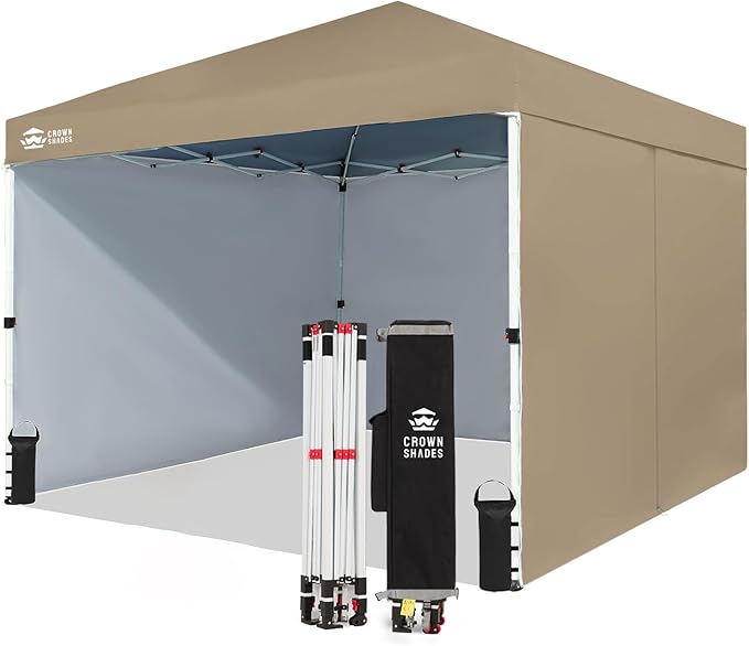 CROWN SHADES 10X10 Commercial Instant Canopy Pop Up Tent with Center Lock, 300D Fabric, 4 Sidewalls, Sto'N Go Bag, Beige