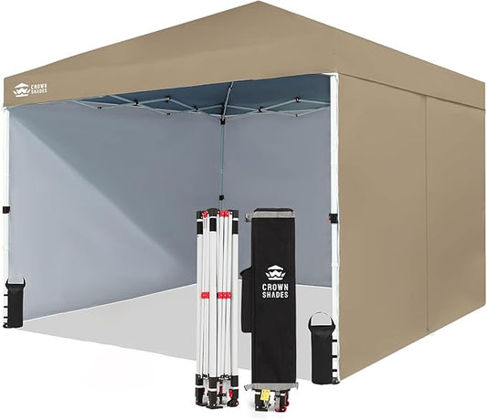 CROWN SHADES 10X10 Commercial Instant Canopy Pop Up Tent with Center Lock, 300D Fabric, 4 Sidewalls, Sto'N Go Bag, Beige
