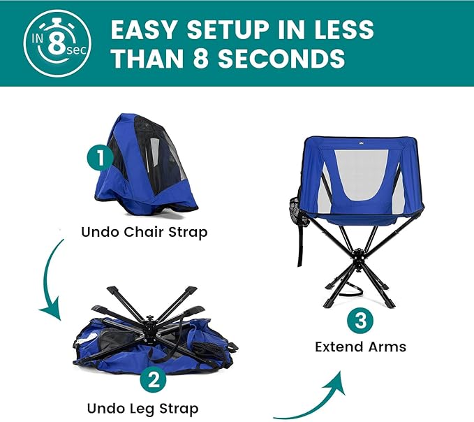 Portable Camping Chair - SwivelCore 180 Swivel & Auto-Return, Small Compact Lightweight Folding Chairs for Adults, Outdoor Backpack Chair for Adventures, Setup in Seconds, Support 300 LBS