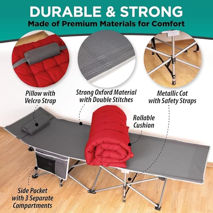 ZONETECH Folding Outdoor Camping Travel Cot and Cot Pad - Premium Quality Lightweight Portable Heavy Duty Adult & Kids Travel with Large Pocket and Cushion