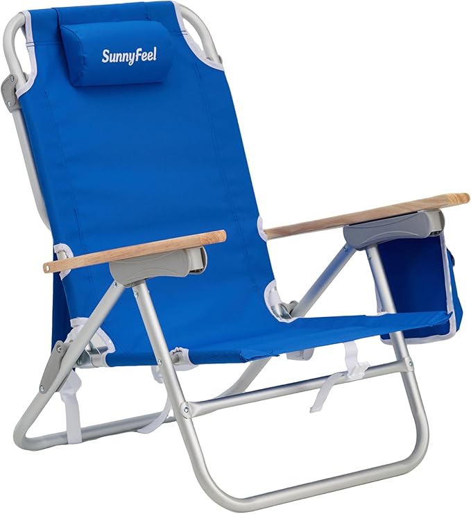 SUNNYFEEL Low Back Folding Beach Chair, Aluminum Heavy Duty Beach Chair with 3 Reclining Position, Portable Camping Chair for Adults with Wood Armrest, Lightweight Camping Chair 300lbs, Blue