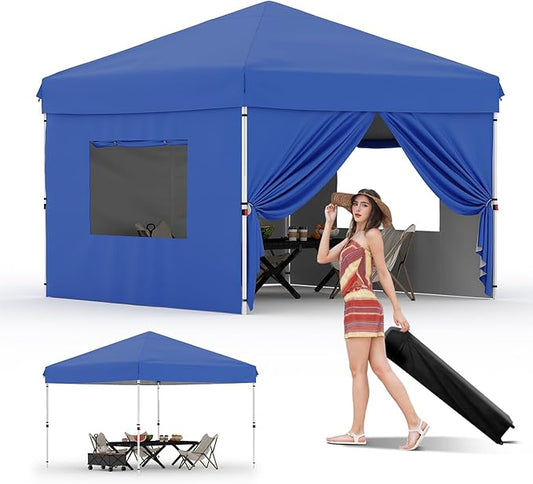 10x10 Pop Up Canopy Tent Outdoor Canopy with 4 Removable Sidewalls One-Person Set Up Heavy Duty Commercial Instant Tent Shelter-Blue