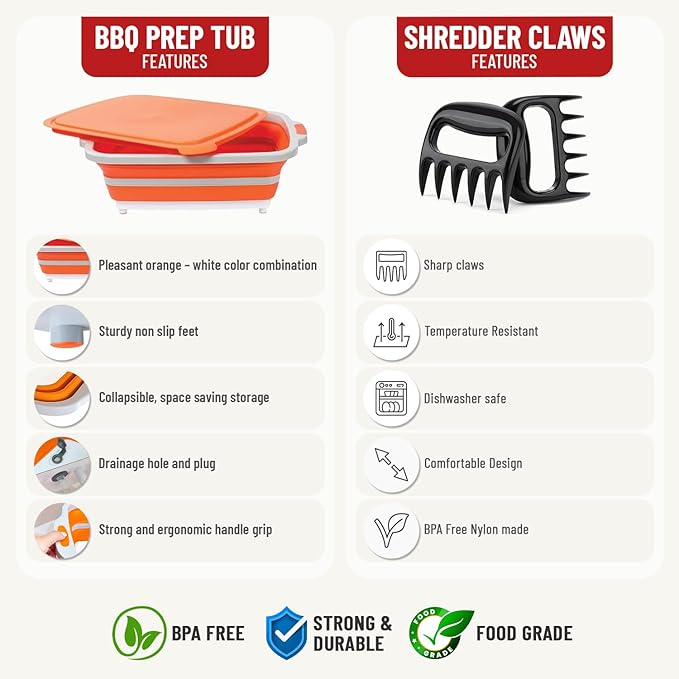 Medium 8L BBQ Prep Tub with Lid & 2 pcs Meat Shredder Claws, Collapsible Cutting Board for Brisket, BBQ Tray for Meal Prep marinating, Versatile Kitchen Container for Meat & Food storage