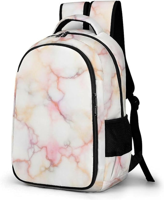 Large Capacity Laptop Backpack Pink Marble White, Sturdy Water Resistant College Bookbag with Water Bottle Pockets for Business Travel Gifts