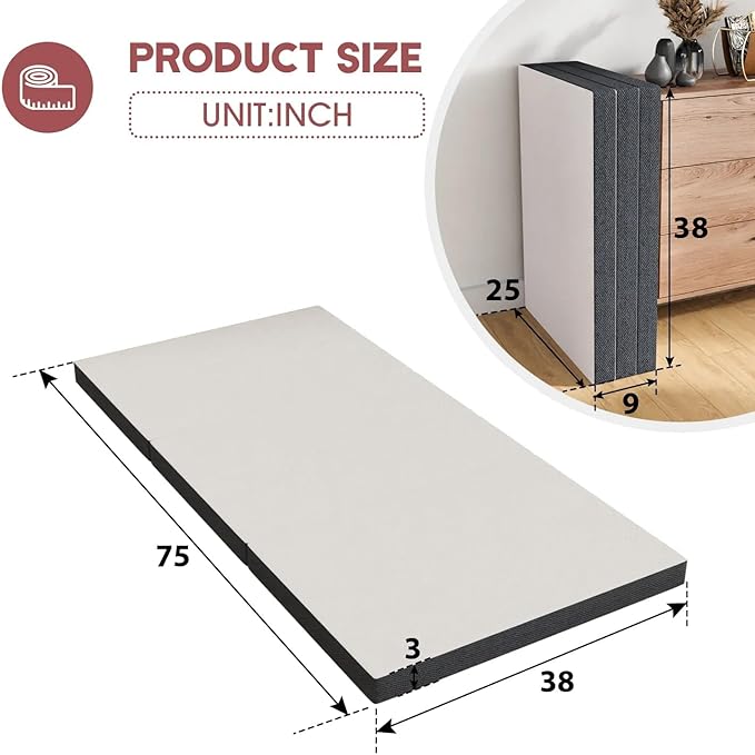 3 inch Tri-Fold Memory Foam Mattress Trifold Mattress Topper - Portable, Folding, and Washable Cover - Twin Size - Ideal for Camping, Guest, and Floor - CertiPUR-US Certified