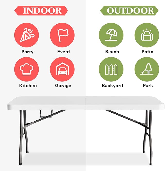 MEI&CO 6ft Heavy Duty Outdoor Folding Table for 6 - Sturdy HDPE Top, 350lbs Capacity, Foldable Lockable Design, No Assembly - Camping Parties Picnics (White)