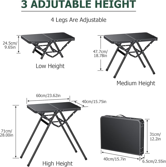 Folding Camping Table Pinic Table Height Adjustable Aluminum Alloy Foldable Table Max Weight Capacity 180lbs with Carry Handle More Stable Triangle Feet for Outdoor Indoor Hiking Camp BBQ Beach