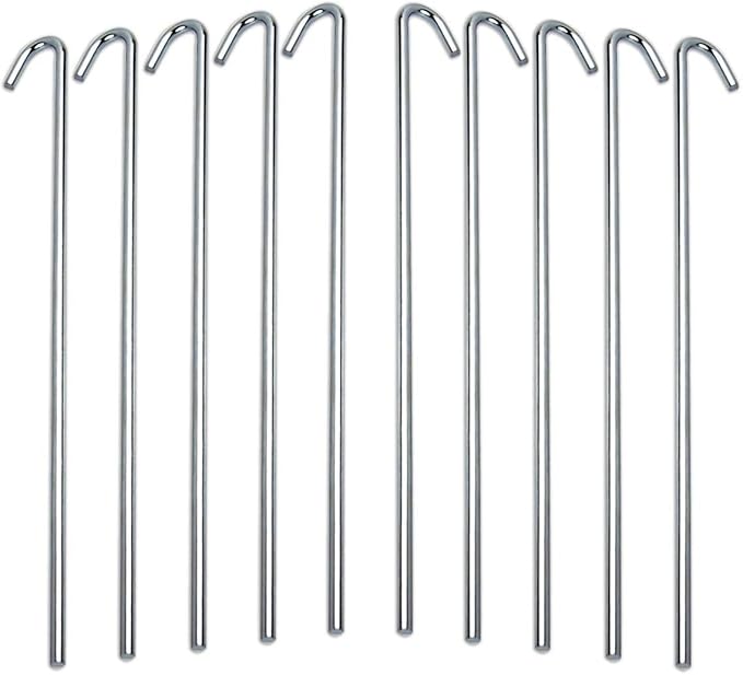 Tent Stakes For Outdoor Camping Heavy Duty Metal, Galvanized Rust-Free Yard Stakes, 10 Garden Edging Fence Hook | Garden Stakes For Gardening & Canopies, Tent Pegs - By Ram-Pro