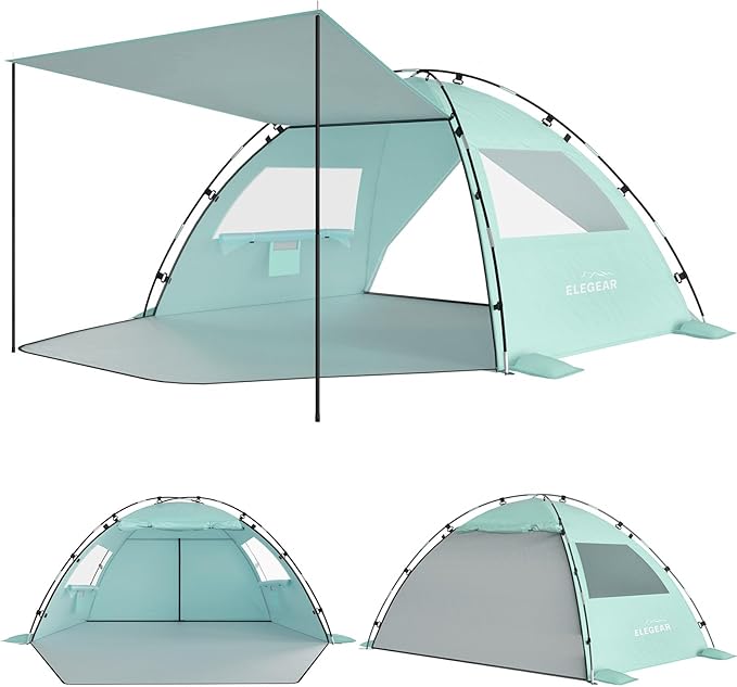 Elegear CumbreX™ Beach Tent Sun Shelter with Canopy, 4-5 Person Pop Up Beach Tent, Easy Setup UPF 50+ UV Protection Portable Lightweight Double Silver Coating Cabana Sun Shade Shelter - Green