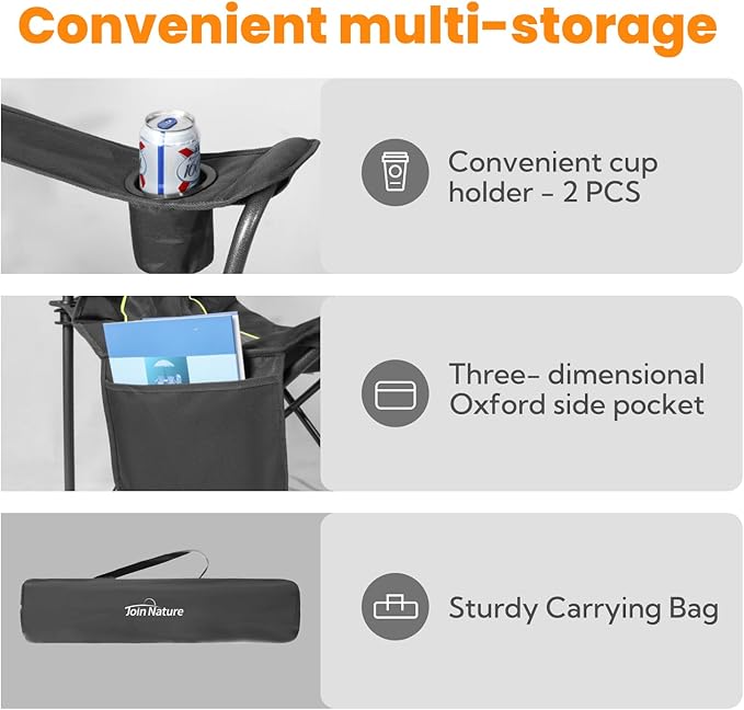 Outdoor Large Camping Chairs for Adults, Heavy Duty Camp Chair Support 800lbs, King Kong Folding Chairs with Padded and Pocket for Outside, Sports, Lawn, Built Durable and Reliable, Black