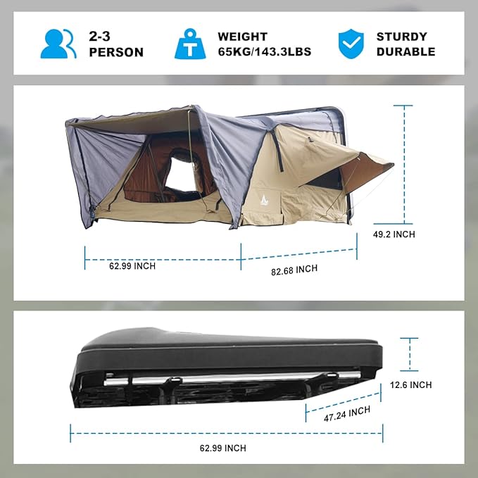 WOLFSTORM Rooftop Tent,Pickup Truck-Tent,Fit for Universal Hard Shell Roof Top,Outdoor Camping Rooftop Waterproof Tent with Ladder and Sunroof Off-Road for 2-3 Adults (Khaki)
