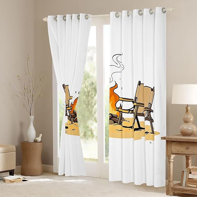 Erosebridal Cartoon Campfire Window Drapes Happy Camping Blackout Curtains 52" Wx63 L Adventure Outdoor Life Curtains for Bedroom Living Room,Camping Lovers Window Treatments 2 Panels