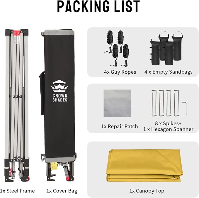 Crown Shades 10x10 Pop Up Canopy - Beach Tent with One Push Setup - Outdoor Sun Shade for Events, Parties, Camping - Gazebo with STO-N-Go Cover Bag, Silver Coated Top, 3 Height& 4 Sand Bags, Yellow