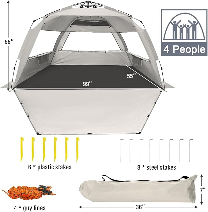 WhiteFang Deluxe Pop Up Beach Tent Sun Shade Shelter for 3-4/5-6 Person, UV Protection, Extendable Floor with 3 Ventilating Windows Plus Carrying Bag, Stakes, and Guy Lines