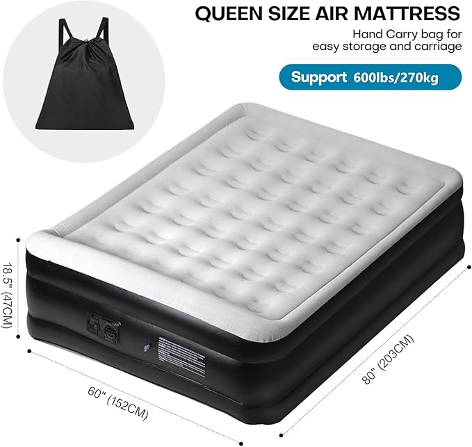 Panana Queen Air Mattress with Built in Electric Pump, Height 18.5" Comfort Blow up Inflatable Guest Air Bed Airbed with Flocked Top, Storage Bag for Family, Home, Camping