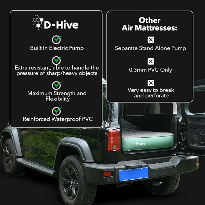 D-Hive Full Size SUV Air Mattress, Easy to Install with Built-In Pump, Quick Inflation, Anti-Deflate, Fits 2 People, Green