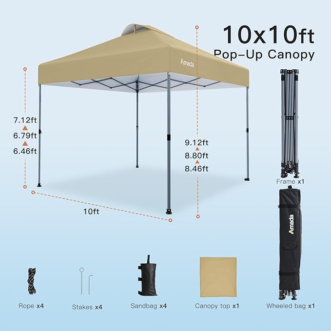 Amada 10x10 Pop Up Canopy - Center Lock One Push Instant Setup Gazebo Outdoor Canopy Beach Tent with STO-N-Go Bag 8 Stakes & 4 Sand Bags, 3-Height Adjustable Shade Shelter (10x10ft, Khaki)