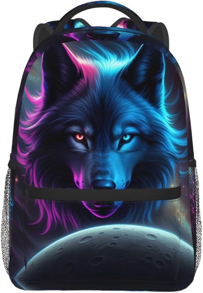 Rucksack Anti-Theft Multipurpose Big Capacity Carry On Bag, Pink And Blue Cool Wolf Moon Art Traveling Camping Backpack With Side Pockets